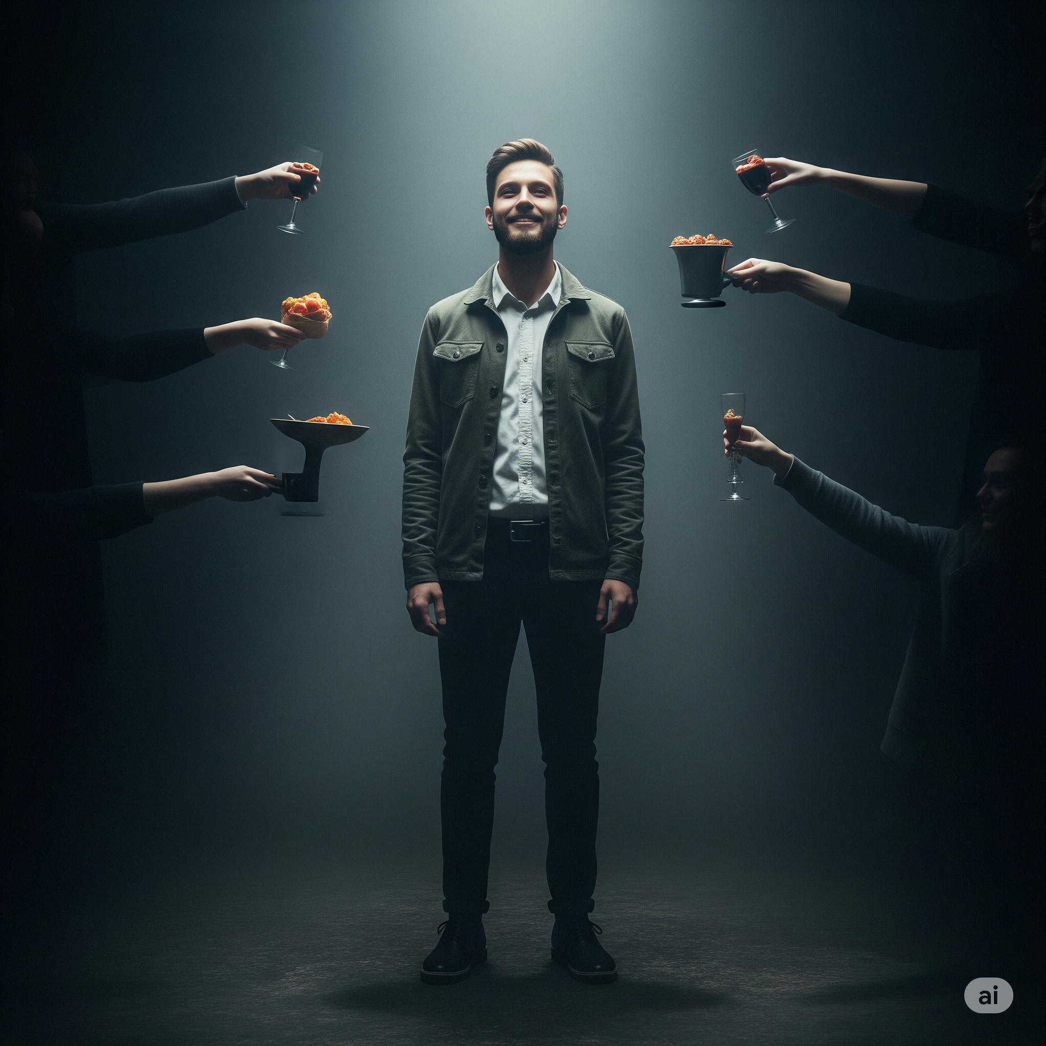 Homem sorridente cercado por mãos oferecendo itens, simbolizando escolha consciente